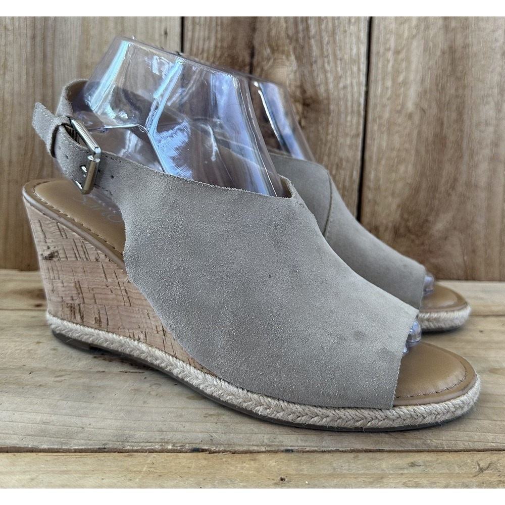 Franco Sarto Cork Wedge Shoes Heeled Open Toe Slingback Taupe Suede Size 8 M